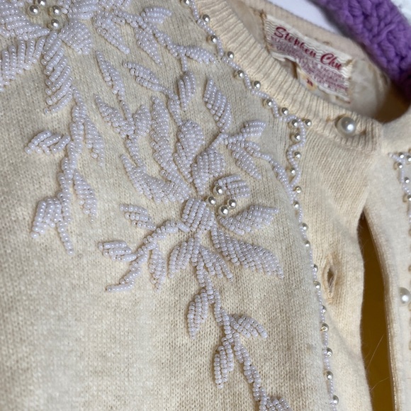 Vintage Sweaters - True Vintage Cream Embroidered Pearl Cardigan